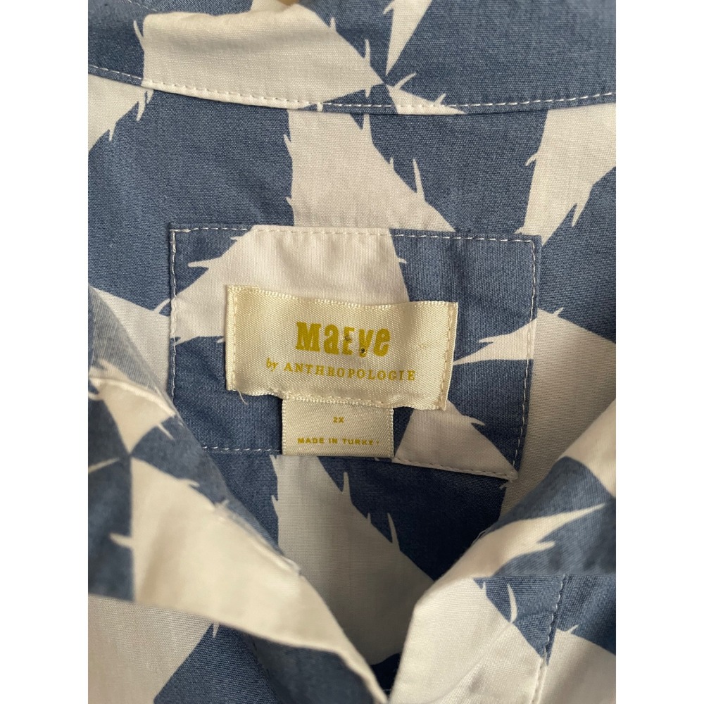 Maeve Anthropologie Bettina Tiered Shirtdress Blue White Geometric Maxi 2X Artsy - Picture 2 of 8